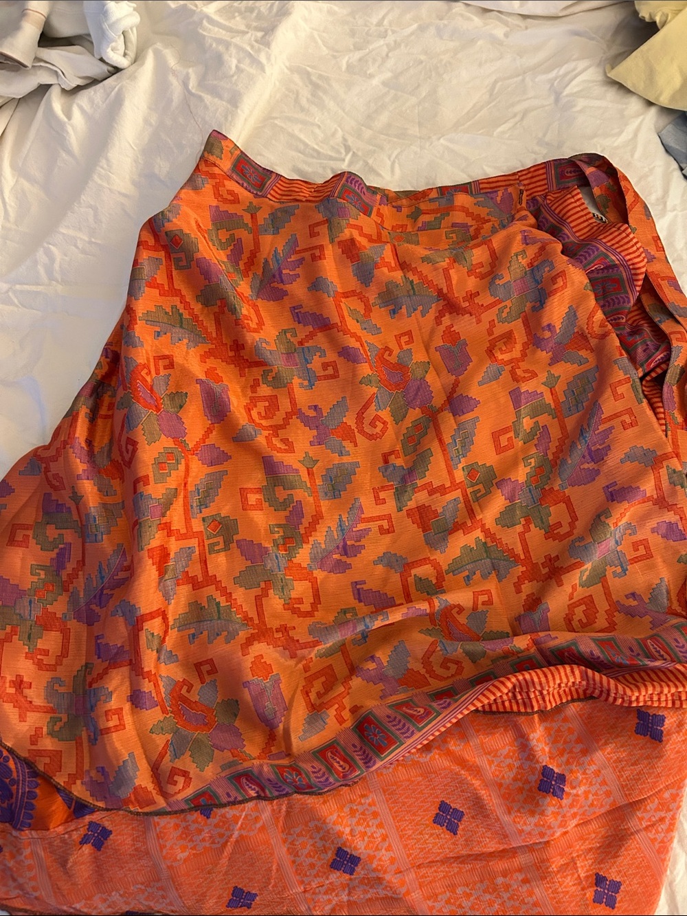 Orange Floral Pattern Midi Skirt sarong 100% silk
